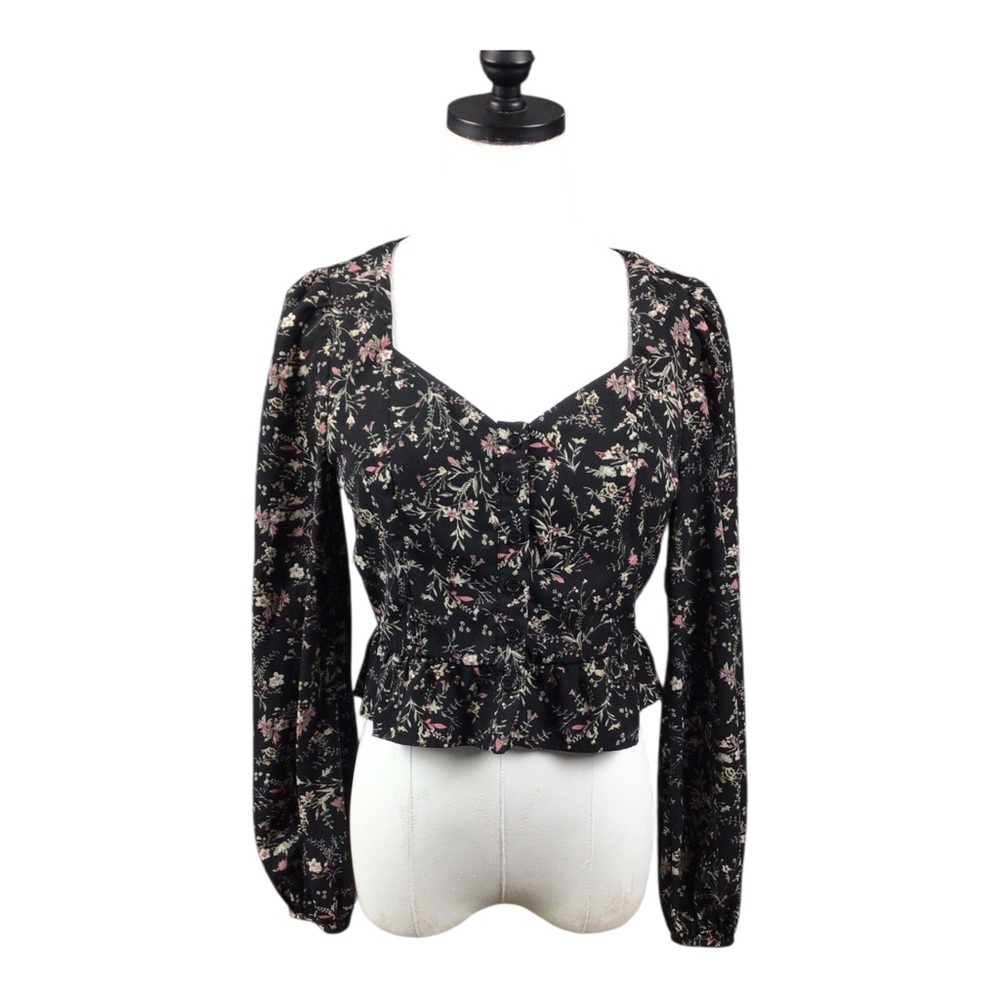 Loveriche Black Floral Long-Sleeve Peplum Top Small